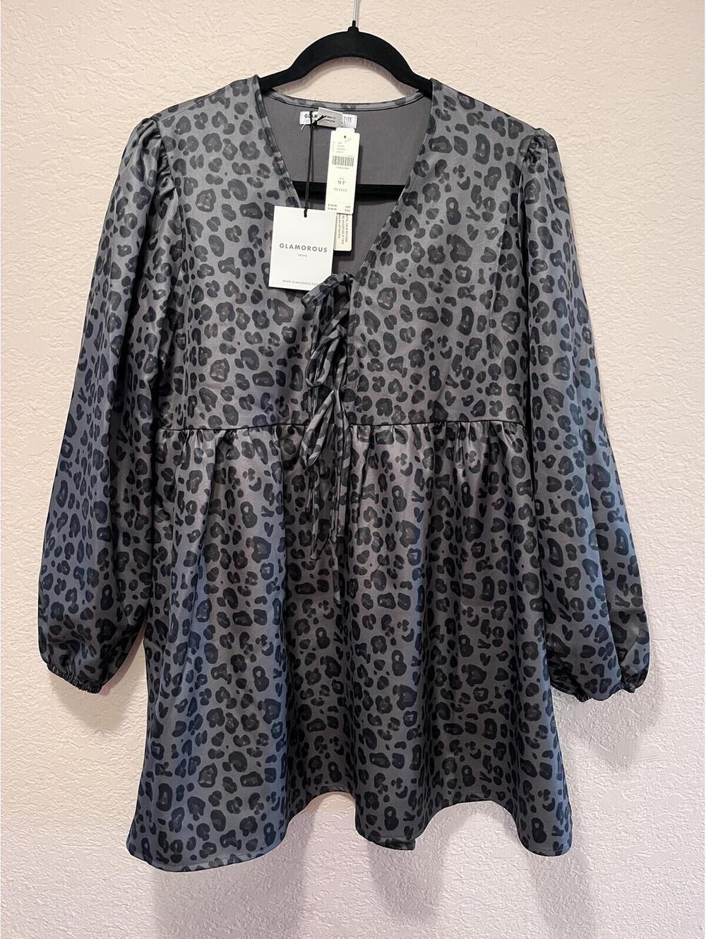 Glamorous Petite Gray Leopard Print Tie Front Babydoll Dress NWT M